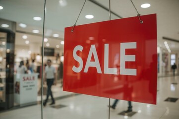 Discount offer sign in shopping center. Marketing and sales idea. Retail store layout. Business strategy for selling. Consumer lifestyle advertising. Promotional shop graphic. Storefront backdrop.