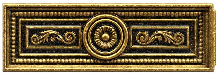 Ornate golden architectural detail with floral center and scrolling accents, set against a dark background
