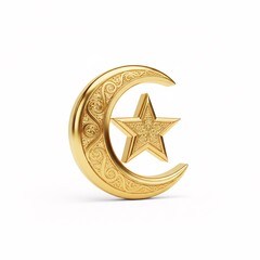 A golden Islamic symbol of a moon and star with ornate carving,
