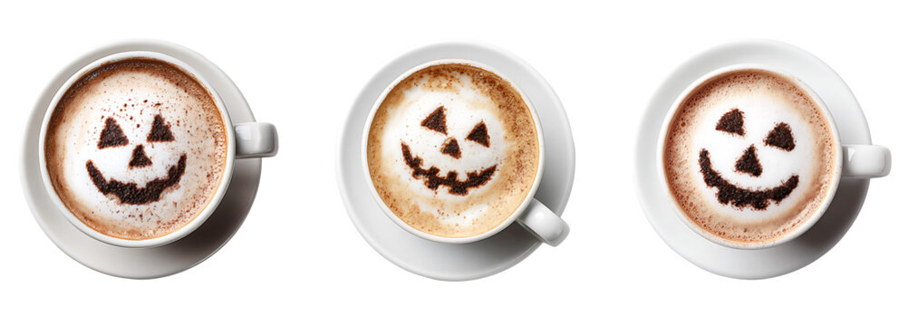 Halloween coffee latte art with jack o lantern face isolated on transparent background.