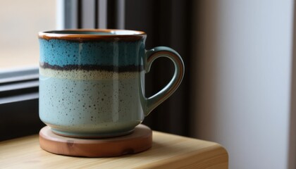 Ceramic Coffee Mug on Wooden Coaster Near Window
