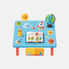 Fototapeta premium Cartoon style desk with open book globe and stickers against a white background.