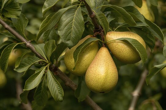 August garden scene with a fruit-bearing small pear tree - Powered by Adobe