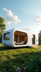 Futuristic modular home, easily transportable and assembled on-site Sustainable design, sleek lines, modern architecture Ideal for temporary or permanent housing , assembly, building design