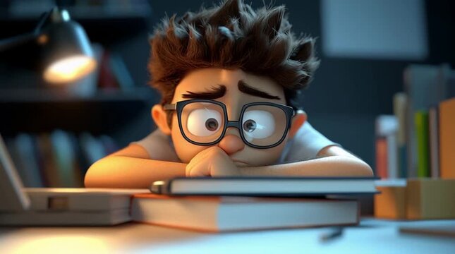 A procrastinating student in glasses, reluctantly studying at night