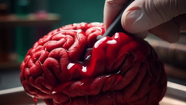 A hand carefully dissects a vibrant red brain, revealing its internal structures. The laboratory environment emphasizes the scientific exploration of anatomy and texture.