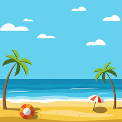 Obraz premium A serene tropical beach scene with palm trees, a calm ocean, and a bright blue sky dotted with clouds.