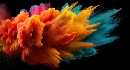 Vibrant, abstract explosion of colorful dust, transitioning from warm oranges and pinks to cooler blues against a stark black background