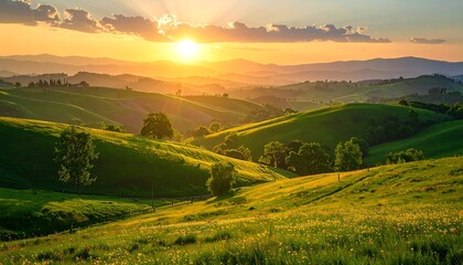 Naklejka premium Lush green hills at sunset