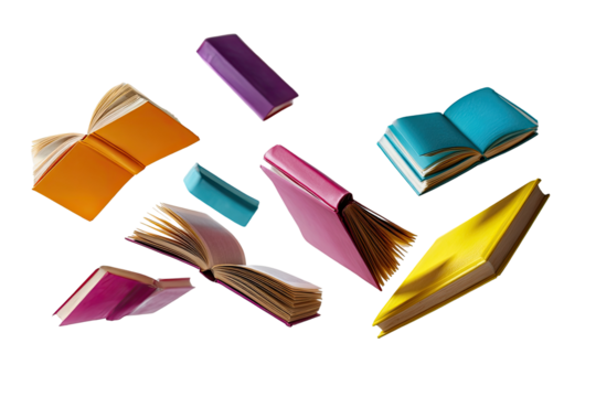 Colorful books levitating in the air