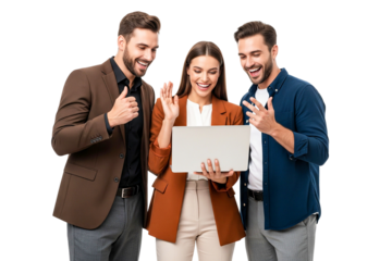 Happy business people holding a laptop isolated on white