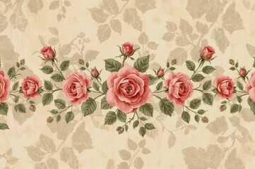 Floral border featuring multiple pink roses in a continuous pattern on an antique sketch background for wallpaper and fabric printing