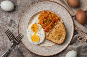 Egg platter celebration for World Egg Day featuring omelette, scotch egg, white toast, and curry gravy bowl.