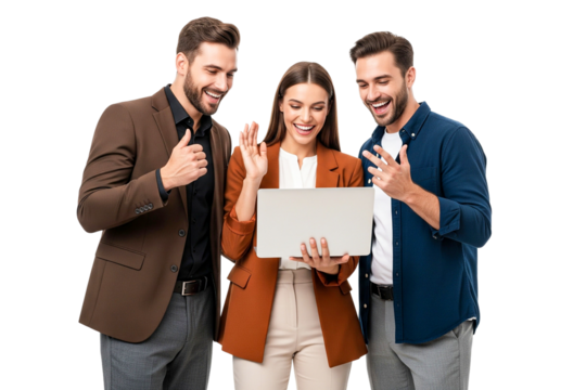 Happy business people holding a laptop isolated on white