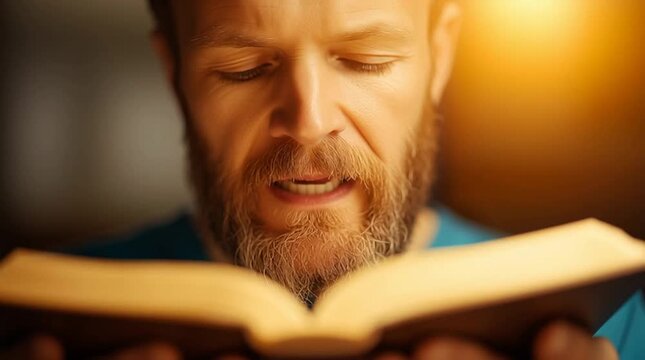 Closeup of a man with beard reading the bible, illuminated by soft warm yellow light in the background.