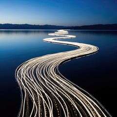 Floating Structure Illuminated Pathway Over Dark Waterscape During Twilight Hour Scenic