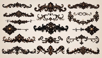 Obraz premium An assortment of ornate, bronze-colored decorative elements. These finely detailed floral and scroll-like flourishes vary in size and shape, perfect for design or embellishment.