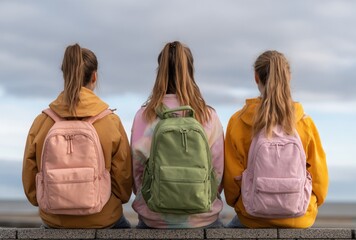 Three girls with backpacks sit against a blurry sky, seen from the back. Jackets and bags are pastel, soft focus, serene scene