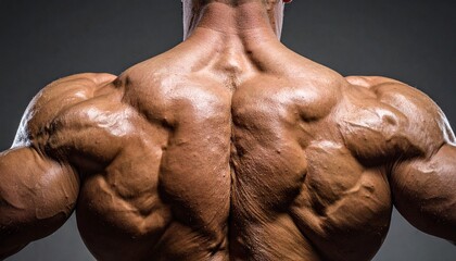 Close-up shot of a bodybuilder's incredibly defined back muscles, showcasing extreme physique.