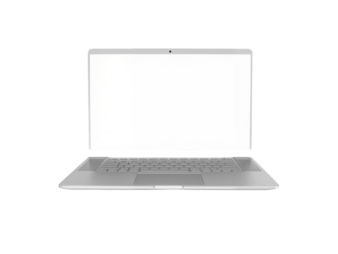 Laptop positioned in mid-air with a plain white background emphasizing modern technology and minimalistic design