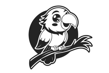 Monochrome Cartoon of Cute Macaw Perched on Branch with White Background