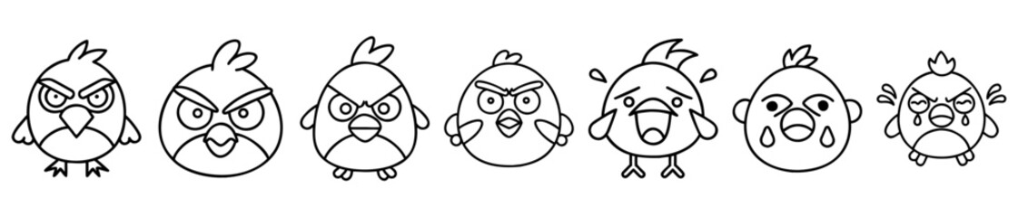 Illustrations set of emotionally expressive cartoon birds in black and white drawing