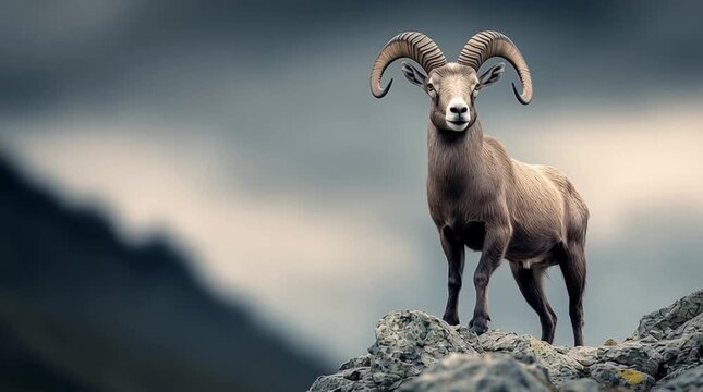 Closeup of markhor standing on rocky mountain ledge