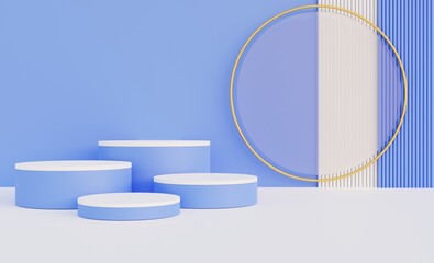 White and blue podium, blue background for product advertising, promotion, 3D illustration.