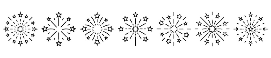 Variety of fireworks design with star elements radiating from the center