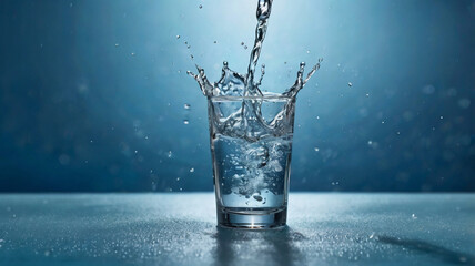 Water splashing into a clear glass on a blue background with droplets pouring liquid