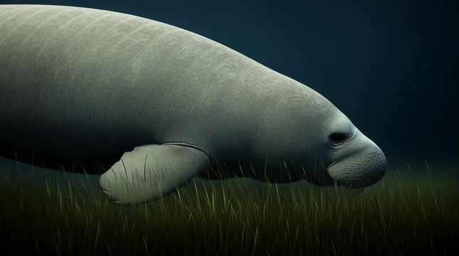 closeup of a dugong's face as it glides peacefully through clear shallow coastal waters, grazing on seagrass beds near the ocean floor