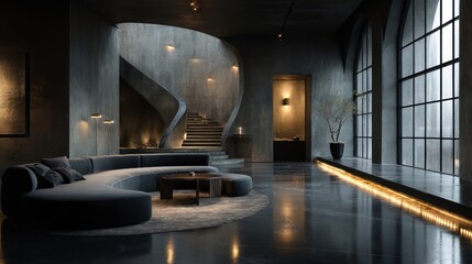 Contemporary interior design with curved sofa and spiral staircase
