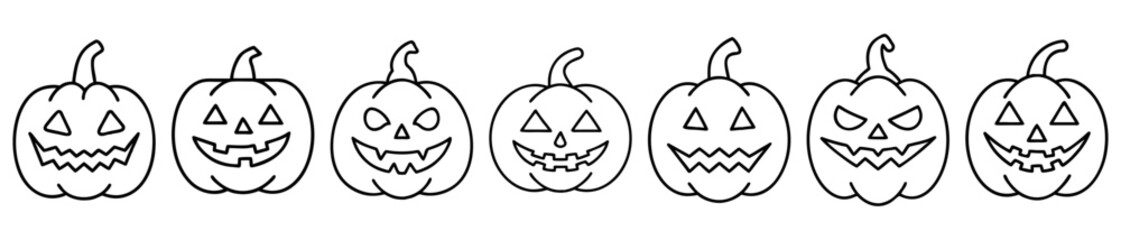 Group of Different Halloween Jacko'lanterns with Various Facial Expressions in Black Outline