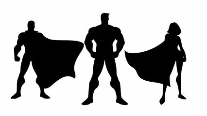 Silhouette illustration of three superheroes standing side by side with capes in a heroic pose on white