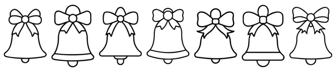 Black and white line drawing of bells adorned with pretty bows
