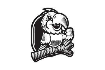 Monochrome of Happy Parrot Sitting on Branch Design
