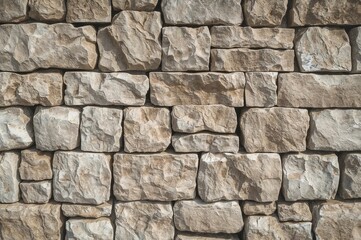 Fototapeta premium Old stone slab backdrop with a worn and aged texture. Rough rectangular stones arranged in horizontal lines. Space for text.