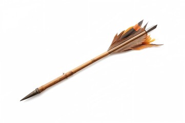 Vintage wooden arrow from ancient times displayed on a plain white backdrop. The forces of a historic conqueror