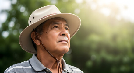 A contemplative senior Asian man in a hat looks towards a bright future hope and dreams retirement peaceful serene nature