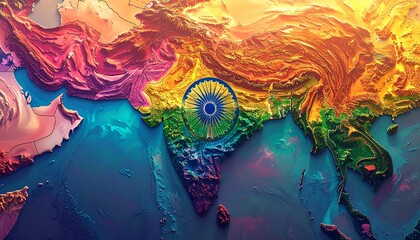 A vibrant, stylized map of India featuring a rainbow Ashoka Chakra, symbolizing pride and national identity.