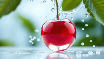 Close-up of a Cherry Falling into Water with Splash and Bubbles