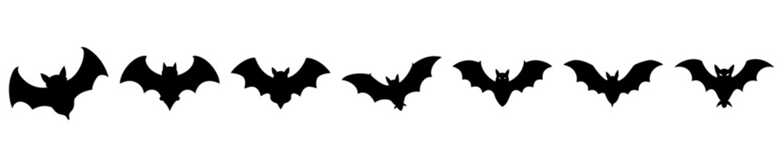 Black silhouette of bats in different positions for halloween graphic resources