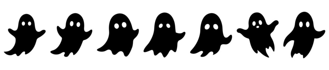 Obraz premium Seven spooky silhouettes of floating ghosts for Halloween vector illustration art