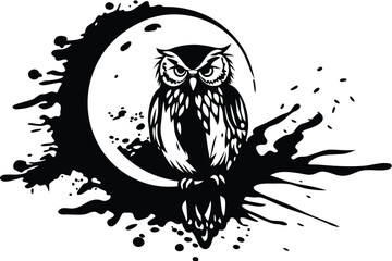 Monochrome Owl Silhouette on Crescent Moon Ink Splatter With White Background