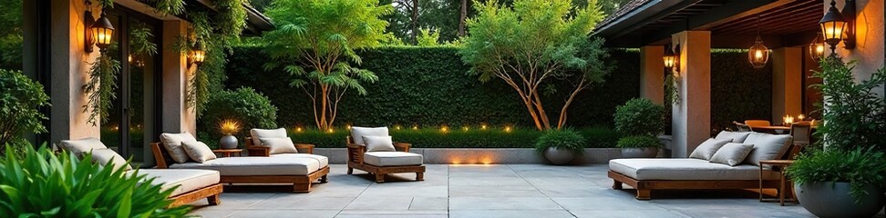 Serene patio oasis with lush greenery, inviting seating, and elegant outdoor lighting creating a perfect relaxation spot , environment, natural