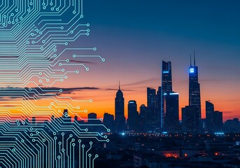 Futuristic city skyline with digital circuit overlay