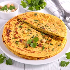 Stacked golden, crispy flatbread, topped with chickpeas and herbs, on a plate