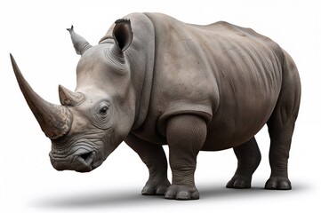 Obraz premium A big rhinoceros standing alone against a plain white backdrop