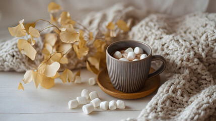 ​A Cozy Autumnal Moment: A Steaming Mug of Hot Cocoa with Marshmallows on a Knitted Blanket