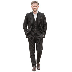 Full length view of a confident businessman in sleek black formal suit standing against white background, corporate professional fashion model showing success and leadership style